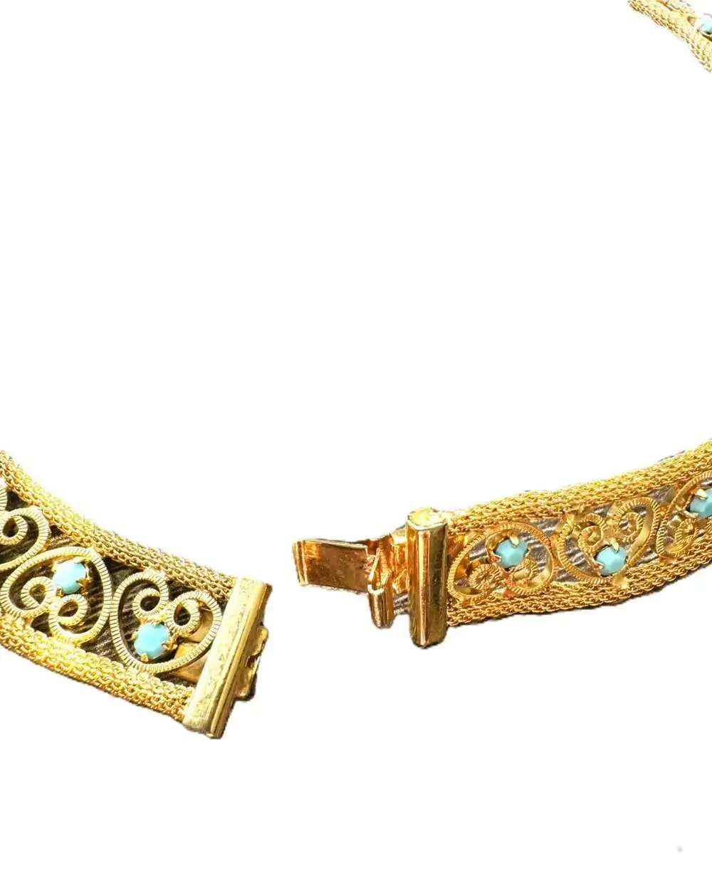 Vintage Gold Toned Filigree Choker with Turquoise-Colored Cabochon, 15 1/2 inch